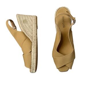 Maypol Espadrille Wedge Sandals Size 38 7.5 Tan Yellow Peep Toe Sling Back
